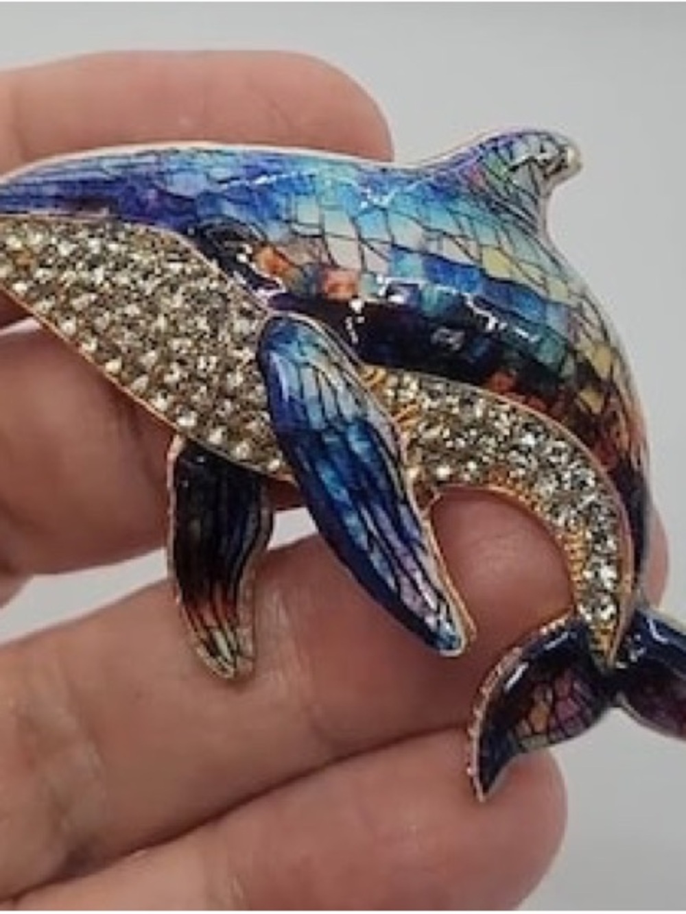 Iridescent Blue Whale Enamel & Crystal Brooch
